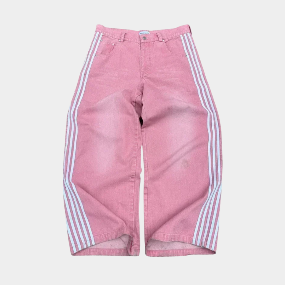 Embroidered Striped Baggy Jeans - Purple