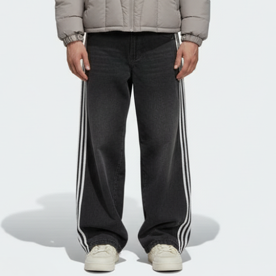 Embroidered Striped Baggy Jeans - Purple