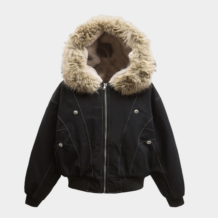 Hooded Faux Fur Bomber - Grey