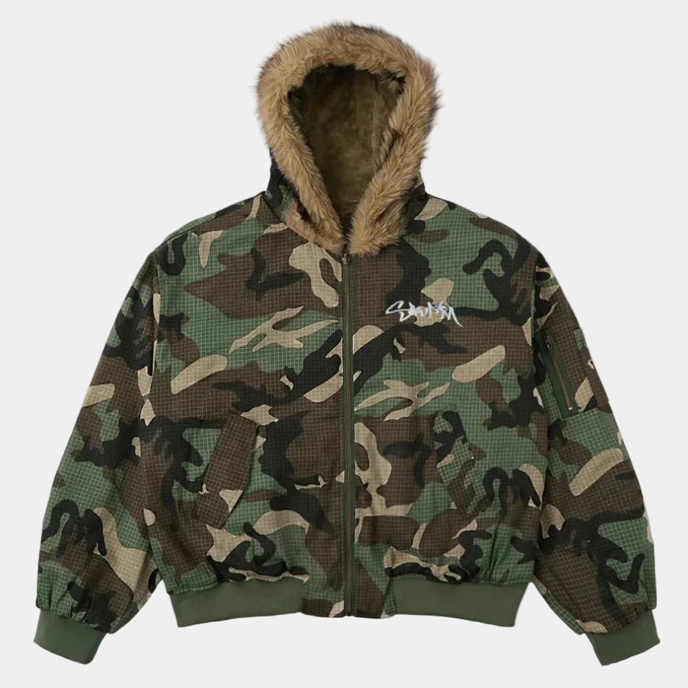 Camouflage Fur Collar Reversible Cotton Jacket