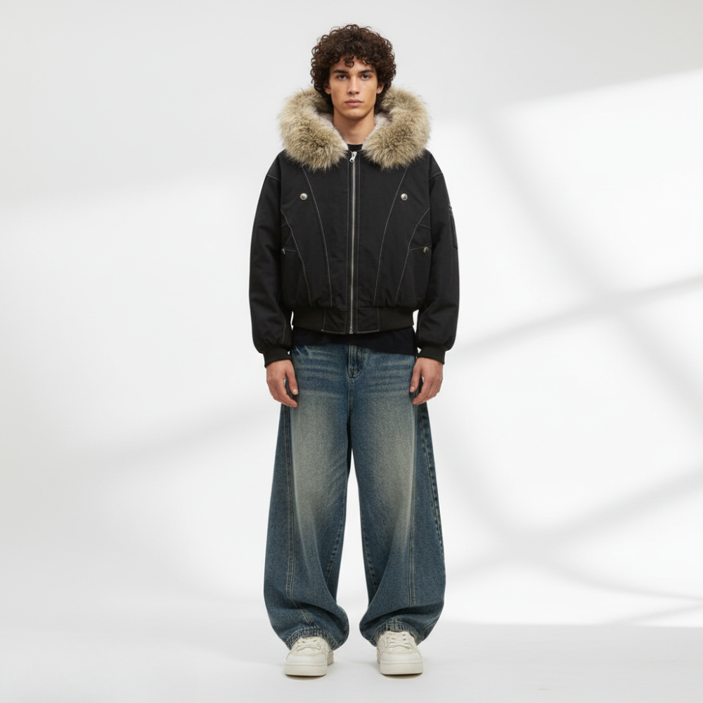 Hooded Faux Fur Bomber - Black