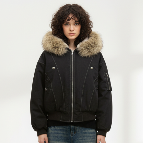Hooded Faux Fur Bomber - Black