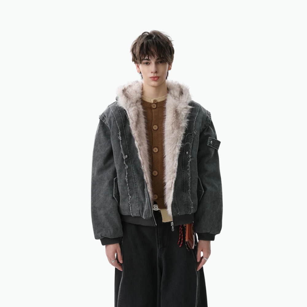 Retro Washed Fleece-lined Hooded Work Jacket